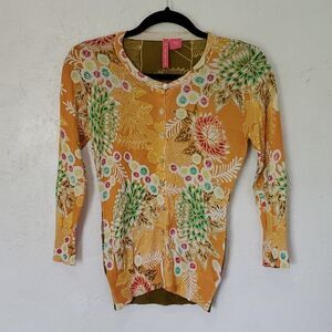 Charlotte Tarantola Silk & Cotton Patterned Button Down Sweater Size S